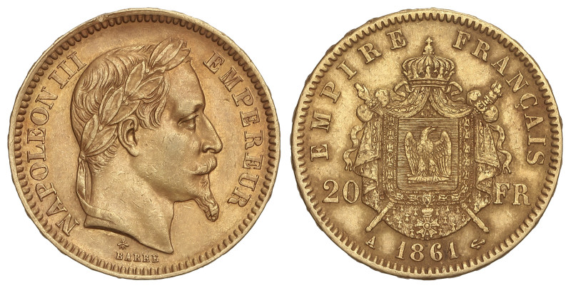 World Coins: France
20 Francs. 1861-A. NAPOLEON III. PARIS. 6,43 grs. AU (900)....