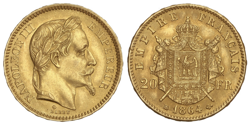 World Coins: France
20 Francs. 1864-BB. NAPOLEON III. STRASBOURG. 6,42 grs. AU ...