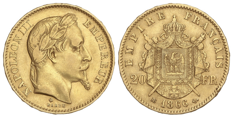 World Coins: France
20 Francs. 1866-BB. NAPOLEON III. STRASBOURG. 6,42 grs. AU ...