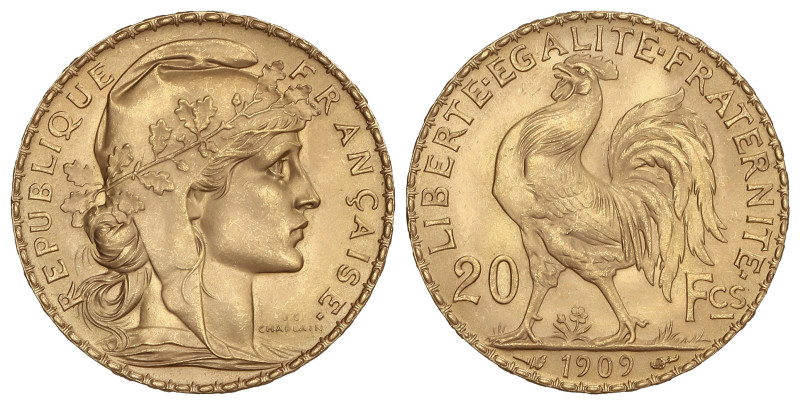 World Coins: France
20 Francs. 1909. III REPUBLIQUE. 6,49 grs. AU (900). Gallo....