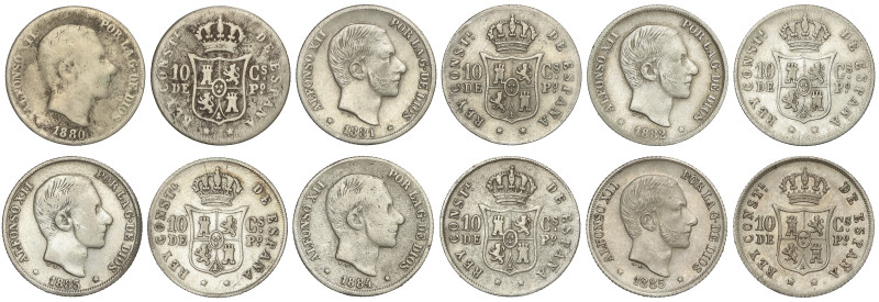 Peseta System: Alfonso XII
Serie 6 monedas 10 Centavos de Peso. 1880 a 1885. MA...