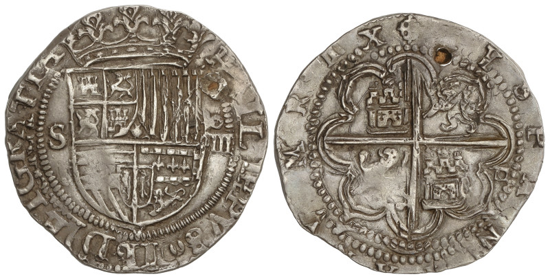 Spanish Monarchy: Philip II
4 Reales. SEVILLA. 13,65 grs. Sin flor de lis entre...