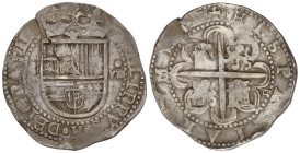 Spanish Monarchy: Philip II
8 Reales. SEVILLA. Anv.: S-Escudo-o/VIII. Rev.: P tumbada a la derecha del 4º cuartel. 27,31 grs. (Grieta). Ligera pátina...