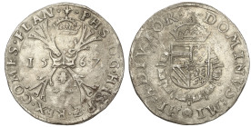 Spanish Monarchy: Philip II
Escudo de Borgoña (Bourgondische Rijksdaalder). 1567. BRUJAS. 28,73 grs. AR. Delmonte-93; Vanhoudt-290.BG. MBC.