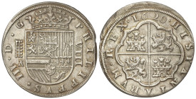 Spanish Monarchy: Philip III
8 Reales. 1620. SEGOVIA. A (cruz encima). 26,72 grs. (Oxidaciones limpiadas, pequeño final de riel). MUY ESCASA. AC-950....