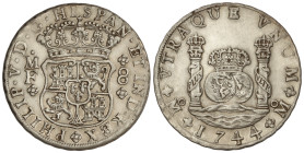 Spanish Monarchy: Philip V
8 Reales. 1744. MÉXICO. M.F. 27,00 grs. Columnario. (Algo limpiada). AC-1466. MBC+.