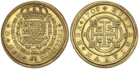 Spanish Monarchy: Philip V
8 Escudos. 1708. SEGOVIA. Y coronada. Encapsulado por NGC MS65 TOP POP (n. 8217788-001). 27,00 grs. Este doblón de a 8 Esc...