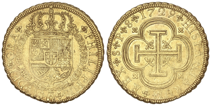 Spanish Monarchy: Philip V
8 Escudos. 1729. SEVILLA. P. 26,81 grs. Última fecha...