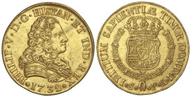 Spanish Monarchy: Philip V
8 Escudos. 1732. SEVILLA. P.A. 27,00 grs. (Ha estado en aro, golpecitos). RARA. AC-2307; XC-530. MBC+.