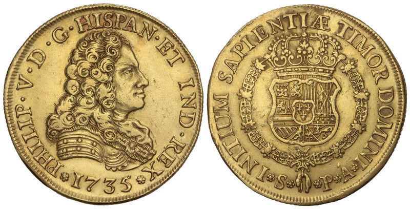 Spanish Monarchy: Philip V
8 Escudos. 1735. SEVILLA. P.A. 26,98 grs. (Leves gol...