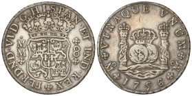 Spanish Monarchy: Ferdinand VI
8 Reales. 1756. MÉXICO. M.M. 26,61 grs. Columnario. (Limpiada). Pátina. AC-491. MBC+.