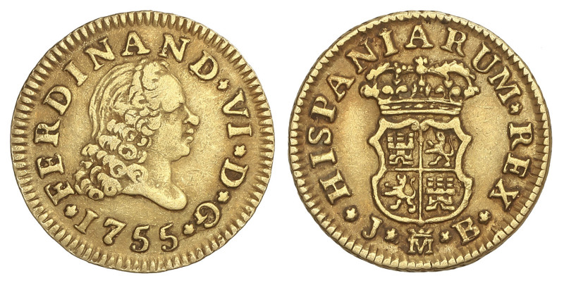 Spanish Monarchy: Ferdinand VI
1/2 Escudo. 1755. MADRID. J.B. 1,78 grs. AC-558....