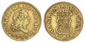 Spanish Monarchy: Ferdinand VI
1/2 Escudo. 1758. MADRID. J.B. 1,74 grs. (Leves rayitas de ajuste en reverso). AC-564. MBC.