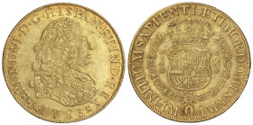 Spanish Monarchy: Ferdinand VI
8 Escudos. 1753. LIMA. J. Rev.: Variante sin el travesaño de la A en el monograma de la ceca. 26,95 grs. Restos de bri...