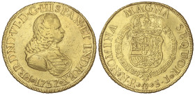 Spanish Monarchy: Ferdinand VI
8 Escudos. 1757. NUEVO REINO. S.J. 26,79 grs. (Descolgada). RARA. AC-815; XC-636. MBC-/MBC.