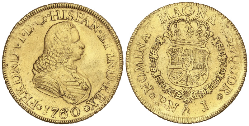 Spanish Monarchy: Ferdinand VI
8 Escudos. 1760. POPAYÁN. J. 26,44 grs. (Limpiad...