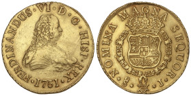Spanish Monarchy: Ferdinand VI
8 Escudos. 1751. SANTIAGO. J. 26,12 grs. (Canto retocado a las 12h, posiblemente descolgada). RARA. AC-824; XC-644. MB...
