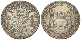 Spanish Monarchy: Charles III
8 Reales. 1768. MÉXICO. M.F. 26,8 grs. Columnario. AC-1094. MBC.