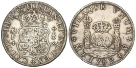 Spanish Monarchy: Charles III
8 Reales. 1769. MÉXICO. M.F. 26,74 grs. Columnario. (limpiada, golpecitos). AC-1095. MBC+.