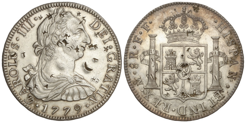 Spanish Monarchy: Charles III
8 Reales. 1779. MÉXICO. F.F. 26,78 grs. Resellos ...