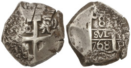Spanish Monarchy: Charles III
8 Reales. 1768. POTOSÍ. (V.Y.). 26,89 grs. (Oxidaciones). AC-1145. MBC.