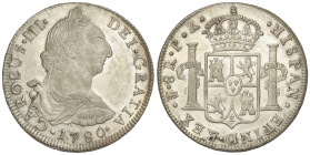 Spanish Monarchy: Charles III
8 Reales. 1780. POTOSÍ. P.R. 27,00 grs. (Leves rayitas). Brillo original. AC-1178. SC-.