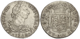 Spanish Monarchy: Charles III
8 Reales. 1782. SANTIAGO. D.A. 27,03 grs. (Rayitas de limpieza, oxidaciones limpiadas). MUY RARA. AC-1216. MBC.