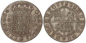 Spanish Monarchy: Charles III
8 Reales. 1763. SEVILLA. J.V. 26,54 grs. Pátina. AC-1228. MBC+/MBC.