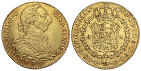 Spanish Monarchy: Charles III
4 Escudos. 1775/3. MADRID. P.J. 13,36 grs. AC-1779 var. sobrefecha. MBC+.