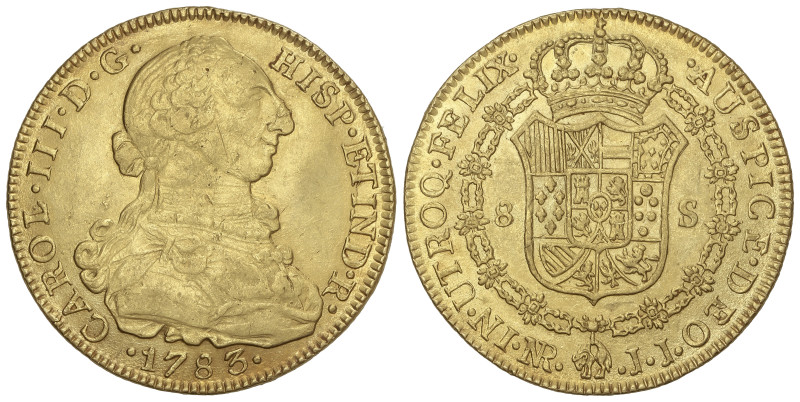 Spanish Monarchy: Charles III
8 Escudos. 1783. NUEVO REINO. J.J. 26,94 grs. Acu...