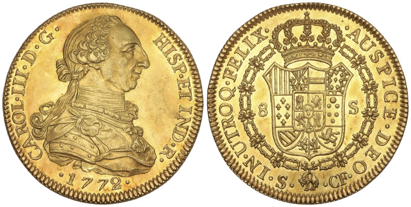 Spanish Monarchy: Charles III
8 Escudos. 1772. SEVILLA. C.F. 26,79 grs. Sin pun...