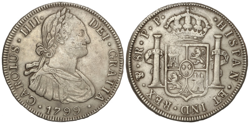 Spanish Monarchy: Charles IV
8 Reales. 1799. POTOSÍ. P.P. 26,84 grs. AC-1003. M...