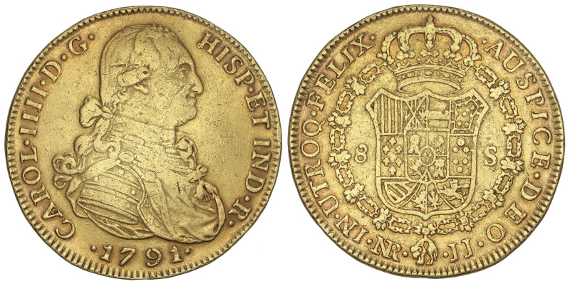 Spanish Monarchy: Charles IV
8 Escudos. 1791. NUEVO REINO. J.J. 26,79 grs. Var....