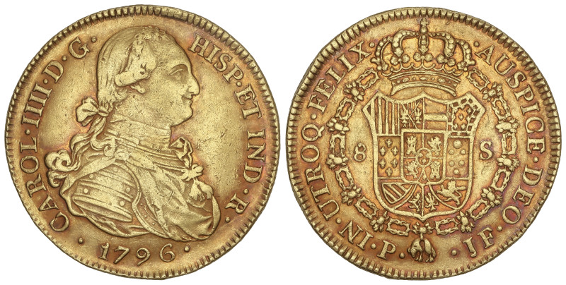 Spanish Monarchy: Charles IV
8 Escudos. 1796. POPAYÁN. J.F. 26,93 grs. Pátina r...