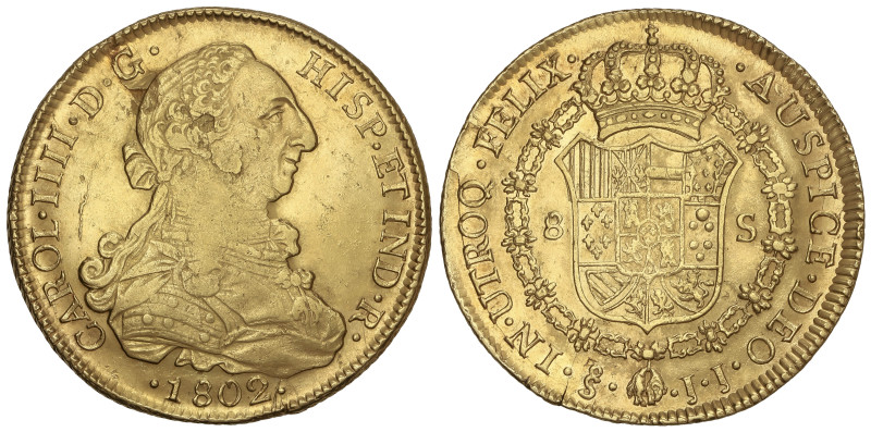 Spanish Monarchy: Charles IV
8 Escudos. 1802. SANTIAGO. J.J. 26,93 grs. Busto d...