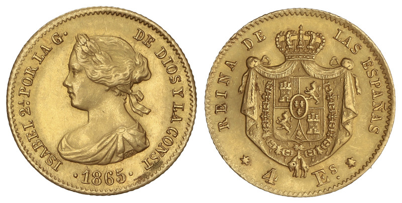 Spanish Monarchy: Elisabeth II
4 Escudos. 1865. MADRID. 3,29 grs. AC-688. EBC-.