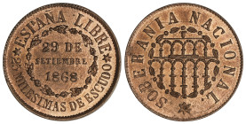 Peseta System: Provisional Government And I Republic
25 Milésimas de Escudo. 1868. SEGOVIA. AE. SOBERANIA NACIONAL. Color y brillo originales. RARA A...