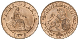 Peseta System: Provisional Government And I Republic
5 Céntimos. 1870. BARCELONA. O.M. Color y brillo originales. SC.