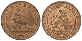 Peseta System: Provisional Government And I Republic
10 Céntimos. 1870. BARCELONA. O. M. Restos de color y brillo original. SC-.