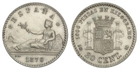 Peseta System: Provisional Government And I Republic
20 Céntimos. 1870 (*7-0). S.N.-M. MUY ESCASA. EBC.