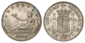 Peseta System: Provisional Government And I Republic
50 Céntimos. 1870 (*7-0). S.N.-M. Bonita pátina y brillo original. SC-.