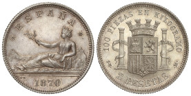 Peseta System: Provisional Government And I Republic
2 Pesetas. 1870 (*18-70). S.N.-M. Brillo original. MUY RARA ASÍ. SC.
