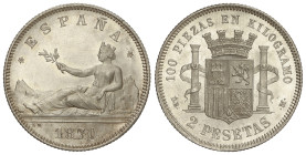 Peseta System: Provisional Government And I Republic
2 Pesetas. 1870 (*18-74). D.E.-M. Bonita pieza. Brillo original. RARA ASÍ. SC-.