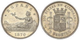 Peseta System: Provisional Government And I Republic
2 Pesetas. 1870 (*18-74). D.E.-M. Parte de brillo original. EBC-/EBC.