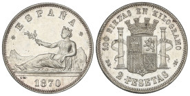 Peseta System: Provisional Government And I Republic
2 Pesetas. 1870 (*18-75). D.E.-M. Encapsulada por NGC MS 63 (n. 5786752-007) 
 Bella. Brillo or...