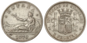 Peseta System: Provisional Government And I Republic
2 Pesetas. 1870 (*74-18). D.E.-M. Error en estrellas. RARA. AC-32. MBC.