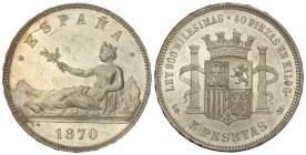 Peseta System: Provisional Government And I Republic
5 Pesetas. 1870 (*18-70). S.N.-M. (Levísimas rayitas). Brillo original. EBC+.