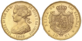 Peseta System: Provisional Government And I Republic
10 Escudos. 1868 (*18-73) MADRID. Acuñada durante el período de la I República con busto de Isab...