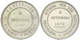 Peseta System: Cantonal Revolution
5 Pesetas. 1873. CARTAGENA. 80 Perlas en anverso y 85 en reverso. Anverso y reverso coincidentes. Tipo medalla. AC...