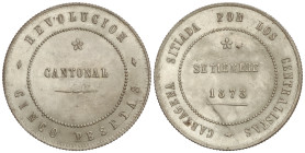 Peseta System: Cantonal Revolution
5 Pesetas. 1873. CARTAGENA. 100 perlas en anverso y 95 perlas en reverso. Reverso girado 150º. Brillo original. RA...